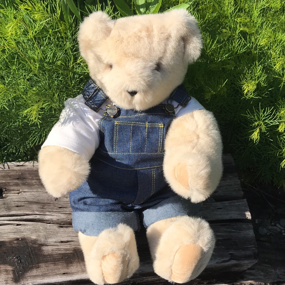 Vermont Teddy Bear with overalls jointed arms legs head